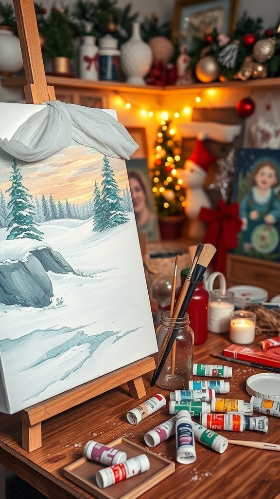 An art studio with Christmas-themed paintings, brushes, and paint tubes, creating a festive atmosphere.